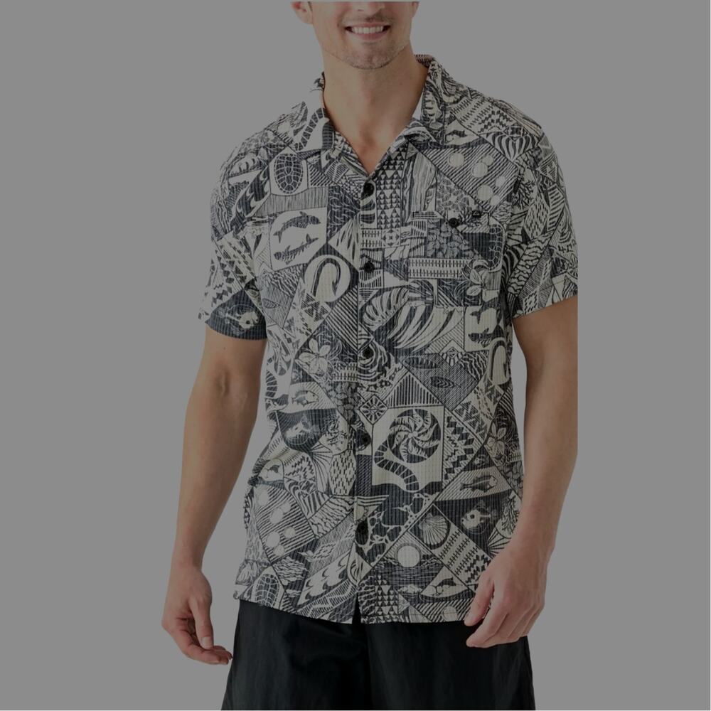 M1303)Reef Men L Beckham Geometric Ocean Patchwork Print Woven Button Up Shirt